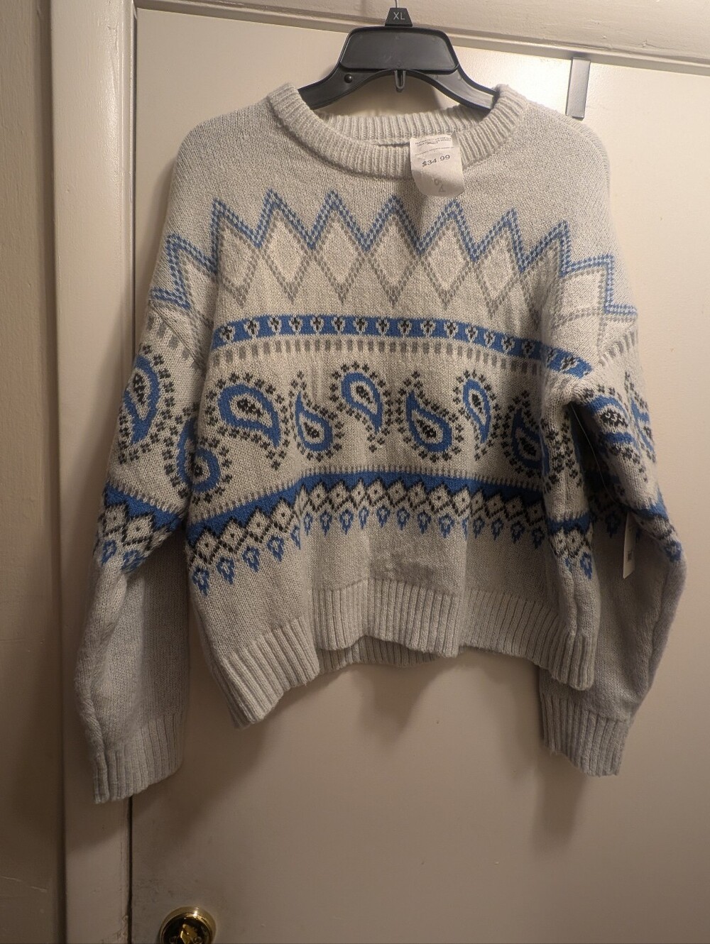 2/$40 Lucky Brand Grey Crewneck Sweater with Blue & Gray Paisley